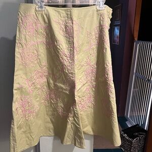 J. Jill Pale Yellow A-Line Skirt with Pink Floral Embroidery